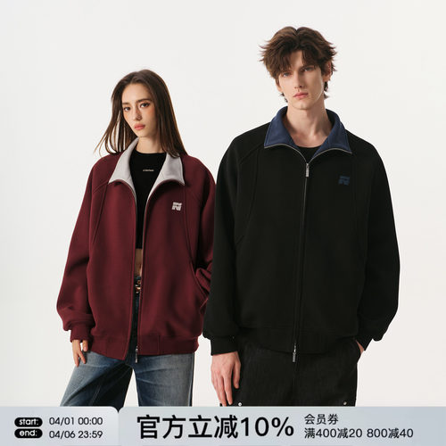 FORNINES拼接撞色双拉链卫衣男女情侣装上衣重磅立领开衫春季外套