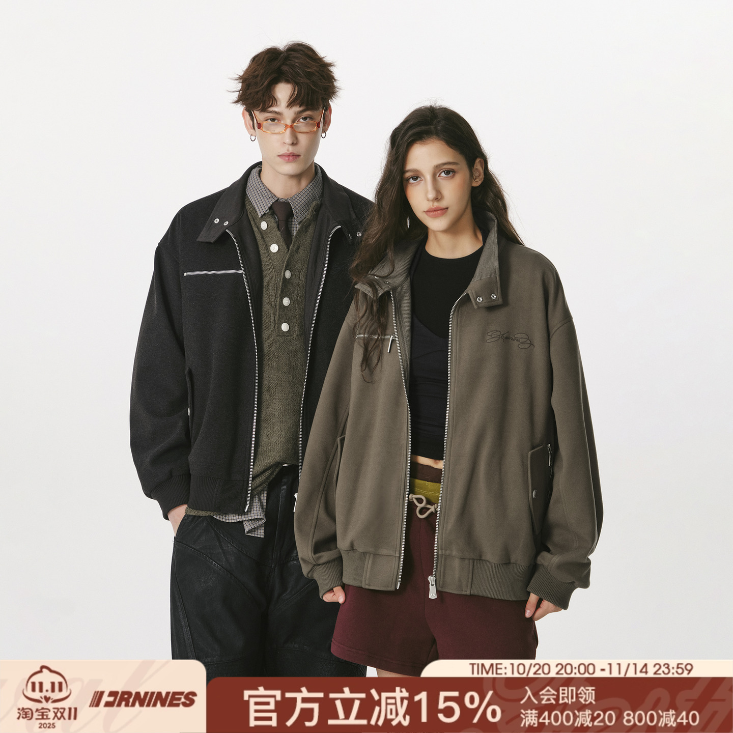 FORNINES复古千鸟格拼接立领毛呢夹克男款秋冬宽松休闲呢子外套女