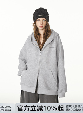 FORNINES重磅刺绣开衫灰色卫衣男女情侣装潮牌春季连帽衫拉链外套