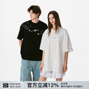 打底衫 半袖 T恤男女情侣潮牌夏季 FORNINES设计感刺绣重磅纯棉短袖