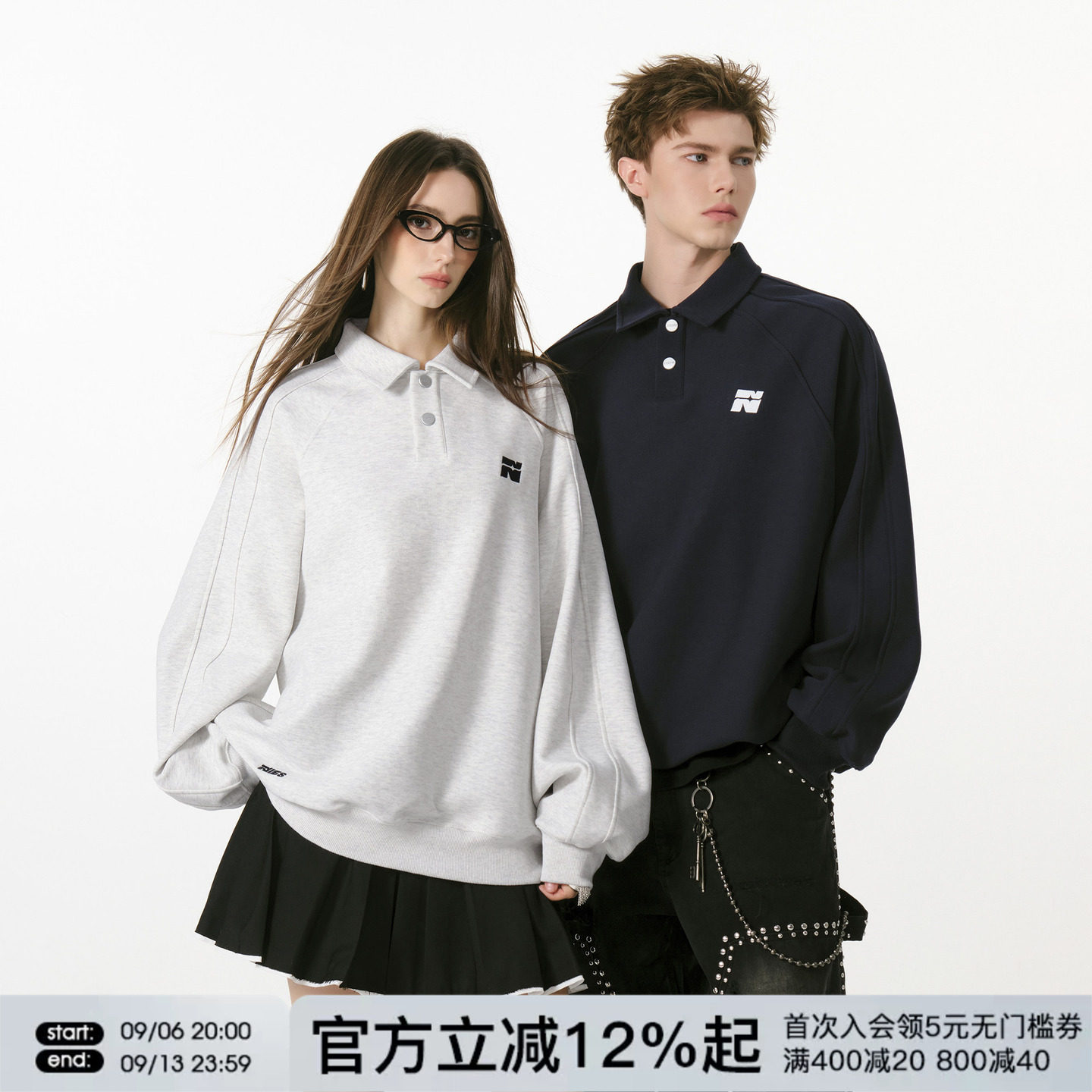 FORNINES学院风刺绣polo衫卫衣男女潮牌情侣春秋翻领休闲长袖上衣