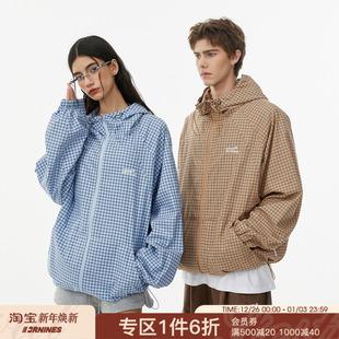 FORNINES蓝色格子夹克男女情侣2025潮牌春秋连帽薄款 休闲运动外套