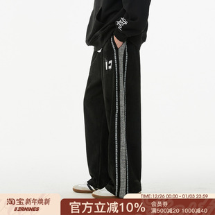 子秋冬宽松加厚长裤 FORNINES拼接刺绣麂皮绒直筒裤 男女潮牌休闲裤