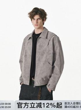 FORNINES暗纹肌理翻领pu皮衣外套男春季潮牌复古微短款夹克女上衣