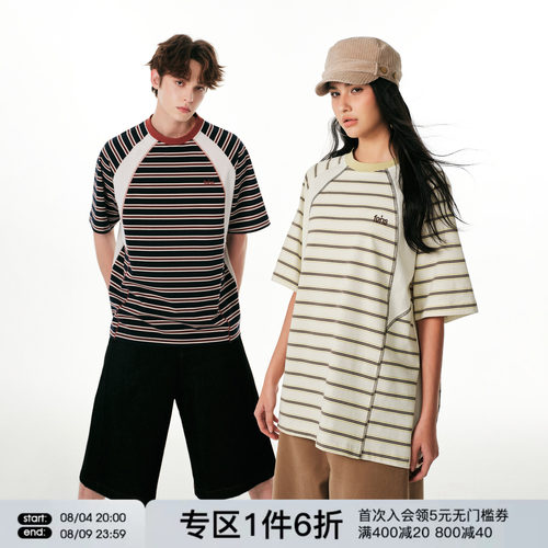 FORNINES拼接撞色条纹短袖T恤男女情侣上衣潮牌夏季重磅纯棉半袖