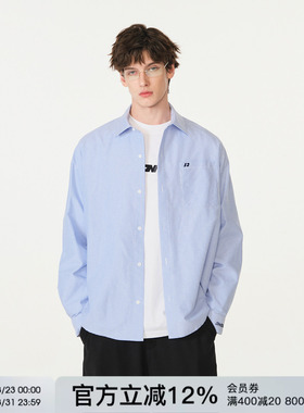 FORNINES刺绣竖条纹蓝色长袖衬衫男女情侣装上衣潮牌春季休闲外套