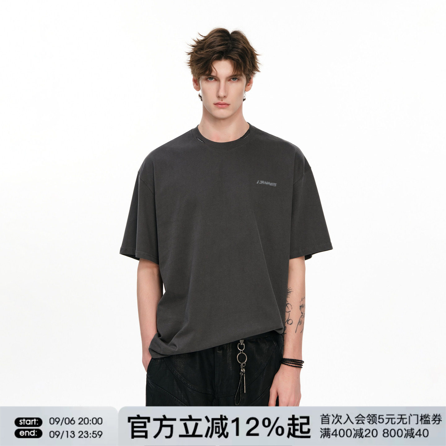 FORNINES做旧水洗纯棉深灰色短袖T恤男款复古上衣夏季打底衫半袖