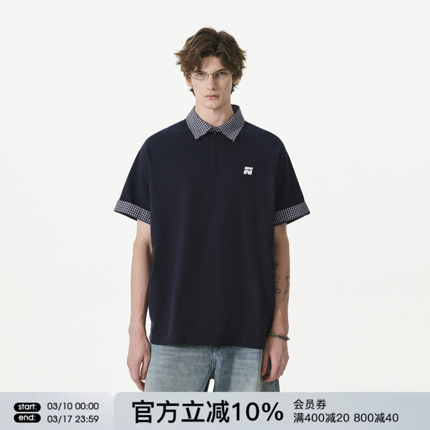 FORNINES假两件半拉链短袖POLO衫男款潮牌情侣上衣女夏季半袖T恤