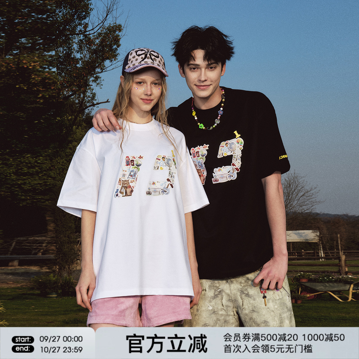 FORNINES童趣贴纸印花短袖T恤男女夏季索罗娜凉感速干情侣半袖潮