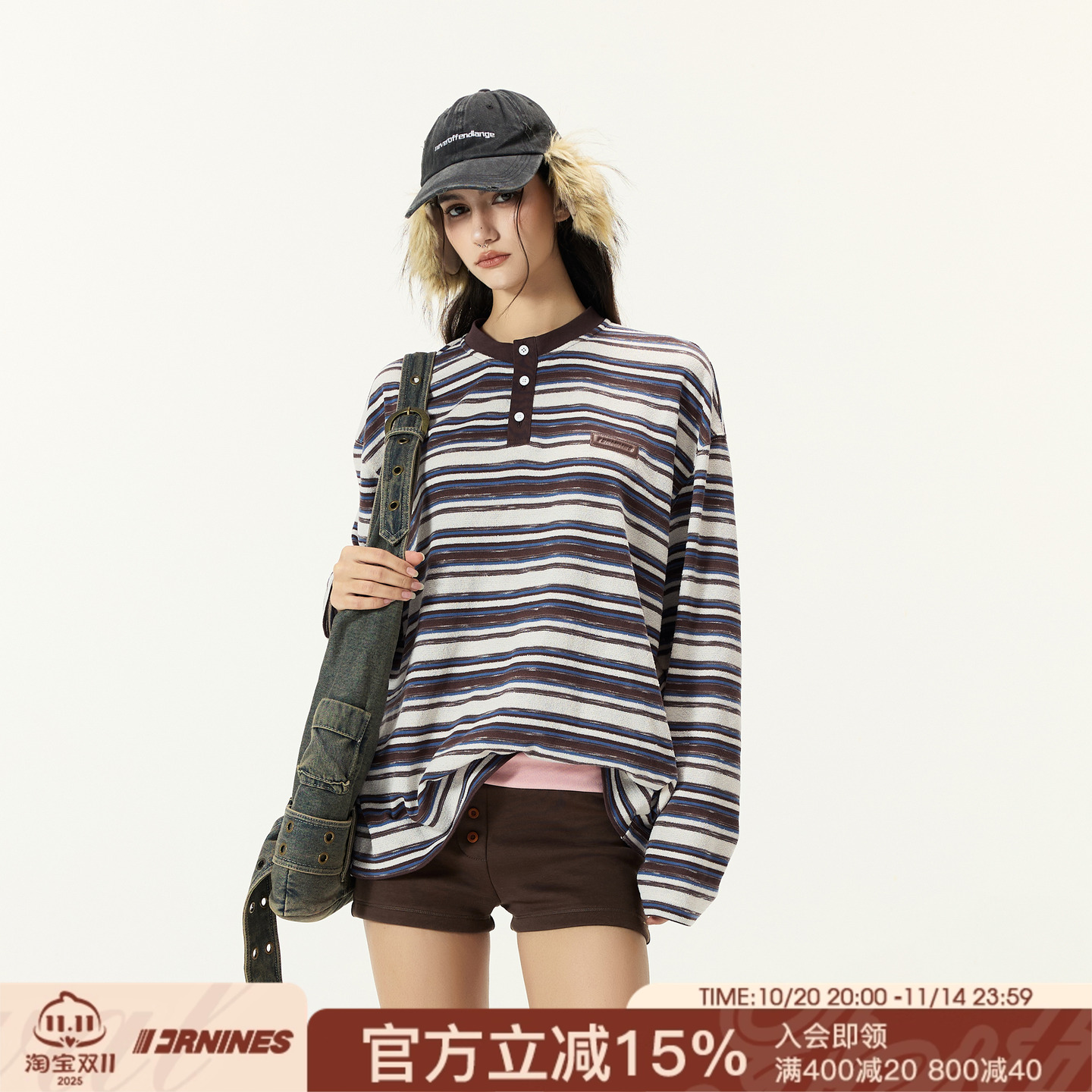 FORNINES亨利领条纹撞色长袖T恤男女潮牌情侣卫衣春秋复古打底衫