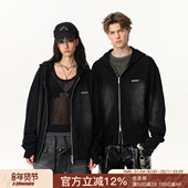 卫衣男女情侣潮牌秋冬做旧开衫 FORNINES美式 复古重磅水洗短款 外套