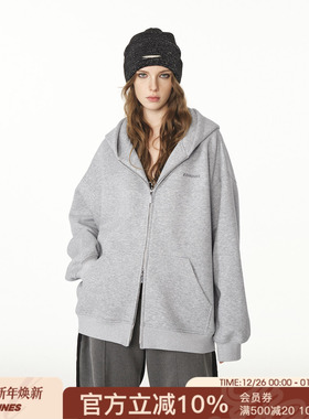 FORNINES重磅刺绣开衫灰色卫衣男女情侣潮牌秋冬连帽加绒加厚外套