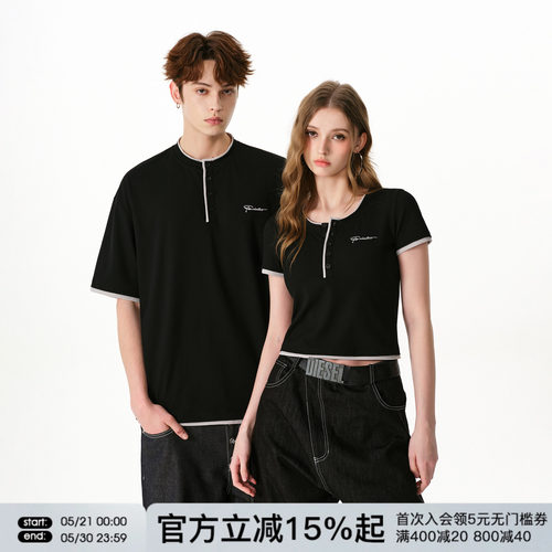 FORNINES华夫格亨利领短袖T恤男女情侣装上衣夏季新款假两件半袖