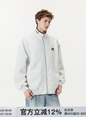 FORNINES刺绣立领拉链开衫灰色卫衣男女潮牌春秋情侣美式通勤外套