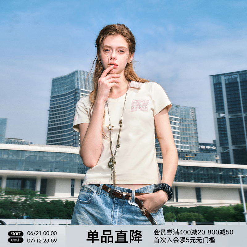 FORNINES民族风提花刺绣正肩V领短袖POLO衫女夏季短款收腰修身T恤