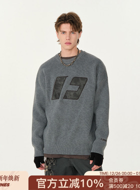 FORNINES贴布刺绣灰色毛衣男女潮牌内搭针织衫秋冬休闲打底毛线衣