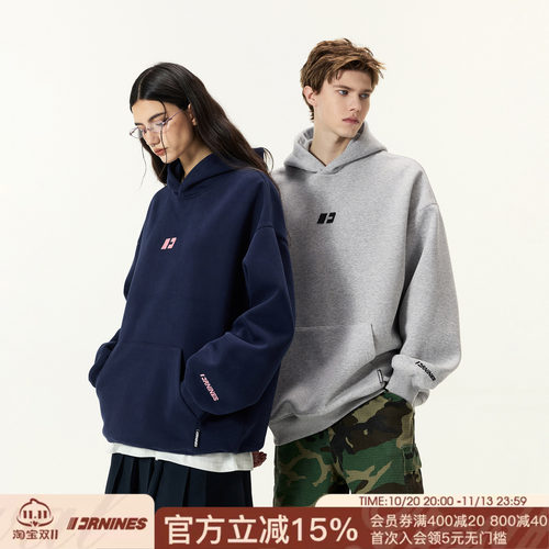 FORNINES刺绣重磅灰色卫衣男款连帽衫潮牌情侣春秋加绒外套女上衣