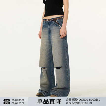 FORNINES破洞牛仔裤男女2025夏季新款美式高街宽松直筒阔腿长裤子