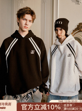 FORNINES刺绣重磅运动加绒卫衣男女情侣连帽衫潮牌秋冬美式厚外套