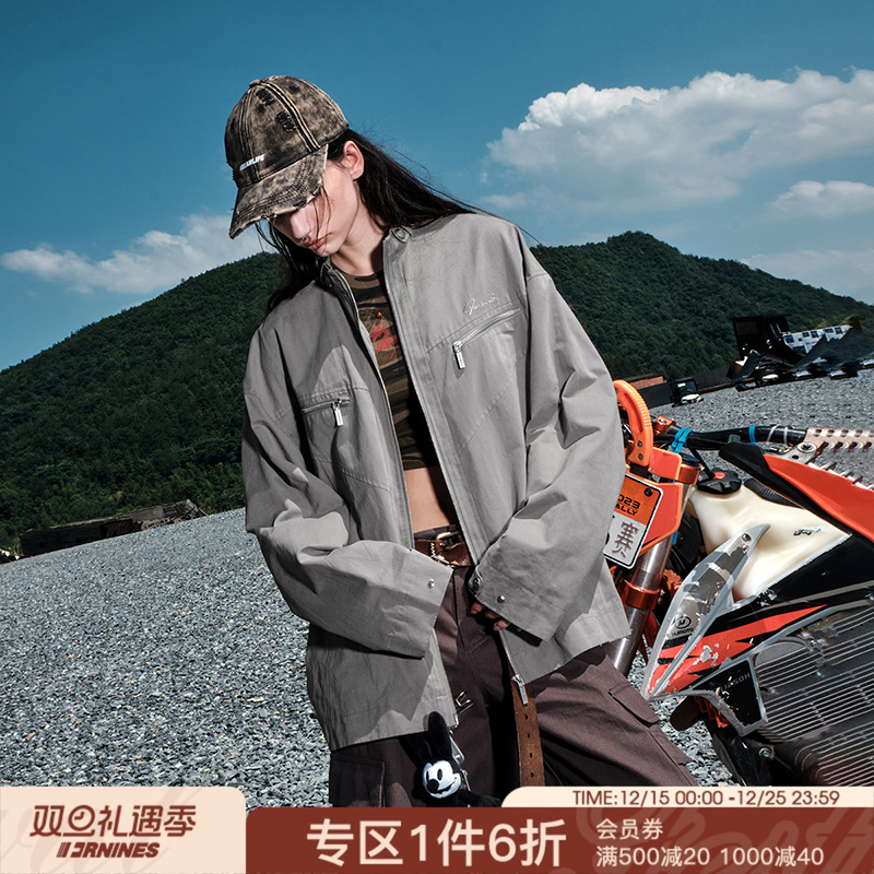 卢昱晓同款FORNINES刺绣立领夹克男女潮牌春秋款美式复古工装外套