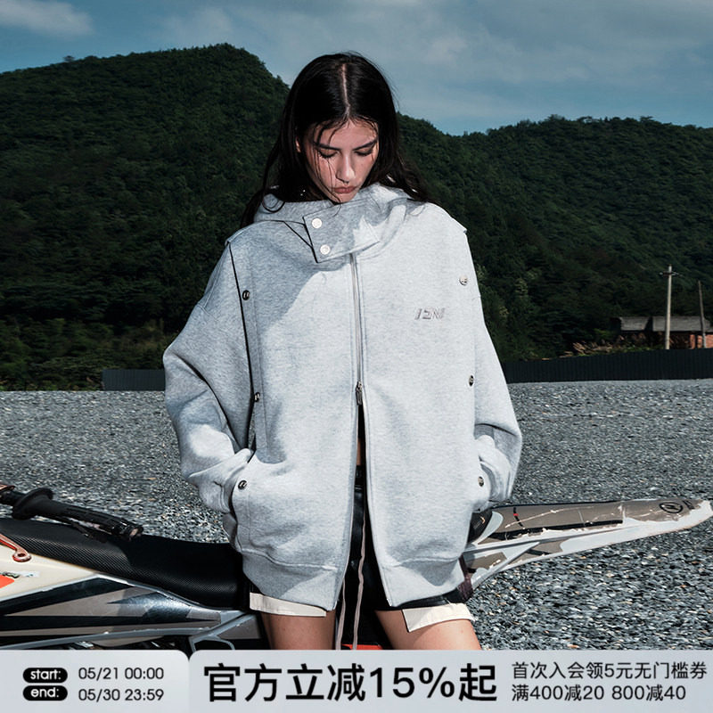 FORNINES假两件重磅开衫卫衣男款潮牌春秋连帽美式灰色高领外套女