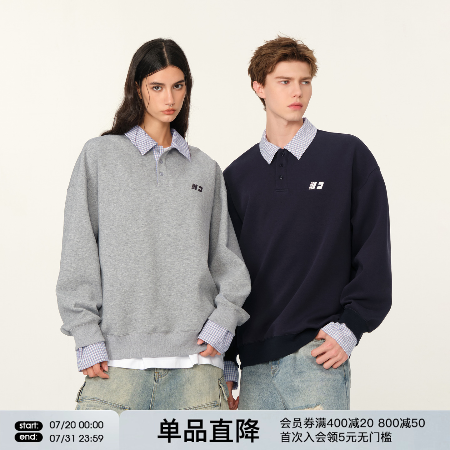 FORNINES假两件空气层polo衫卫衣男女情侣装潮牌休闲翻领长袖上衣