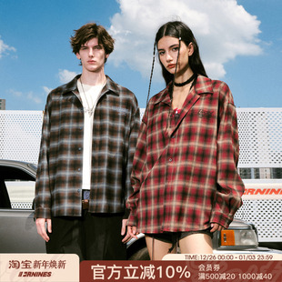 FORNINES刺绣磨毛格子衬衫 衬衣外套 男女春秋上衣复古休闲情侣长袖
