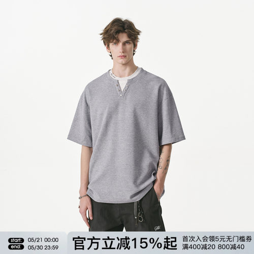 FORNINES刺绣假两件华夫格短袖T恤男女潮牌情侣重磅上衣夏季半袖