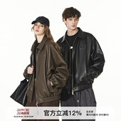 FORNINES刺绣翻领棕色皮衣男女情侣潮牌春秋pu皮夹克美式 复古外套