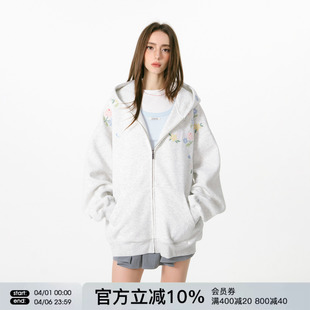 FORNINES瀑布刺绣拉链开衫 春季 重磅连帽衫 外套女 卫衣男潮牌情侣装