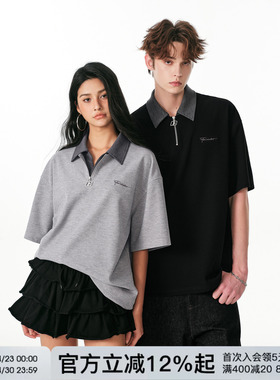 FORNINES假两件华夫格短袖POLO衫男潮牌夏季半拉链翻领T恤女半袖