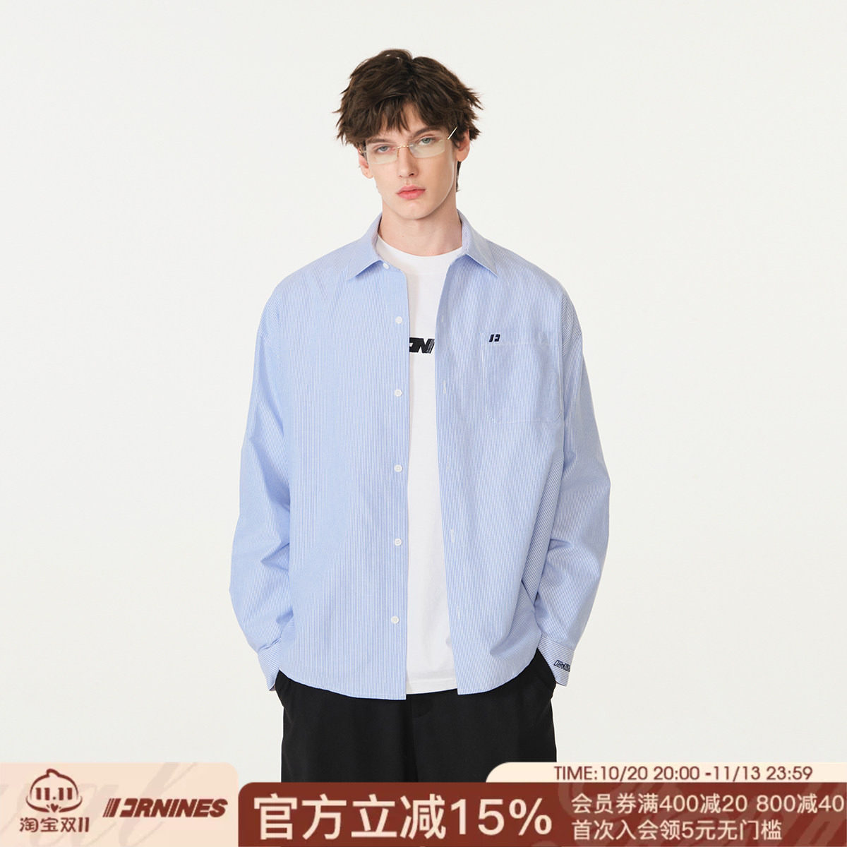 FORNINES刺绣竖条纹蓝色长袖衬衫男女情侣装上衣潮牌春秋休闲外套