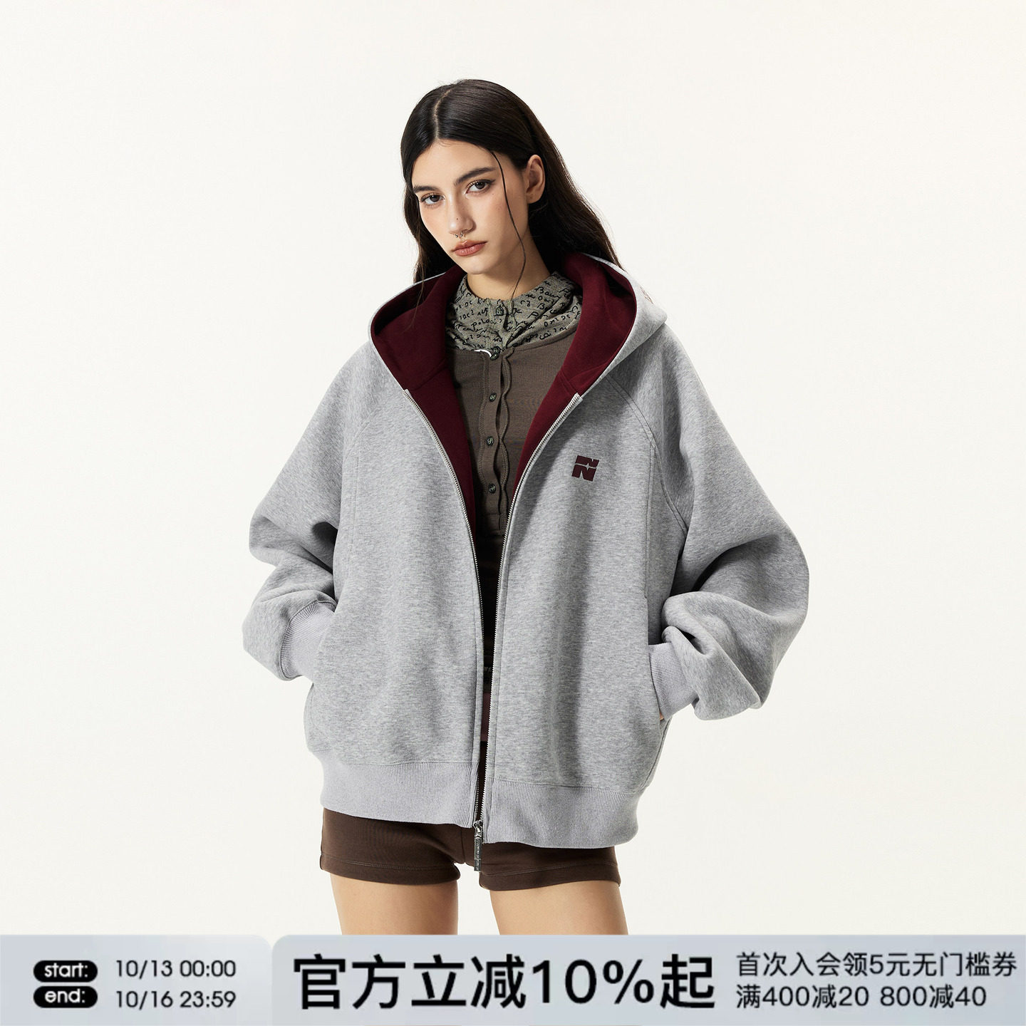 FORNINES微短款撞色刺绣双拉链开衫卫衣男女潮牌情侣连帽通勤外套