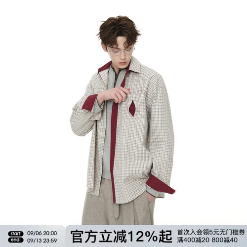 FORNINES撞色拼接格子长袖衬衫男女情侣上衣2026秋季新款衬衣外套
