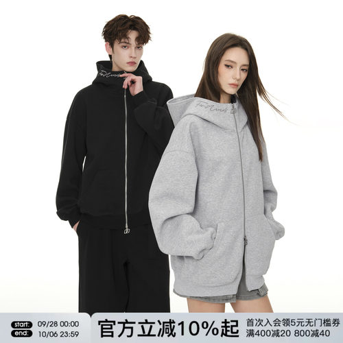 FORNINES刺绣双拉链开衫卫衣男女情侣连帽衫上衣春秋重磅高领外套