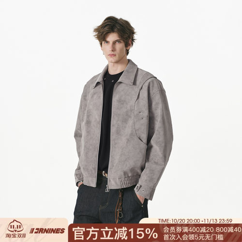 FORNINES暗纹肌理翻领pu皮衣外套男春秋潮牌复古微短款夹克女上衣