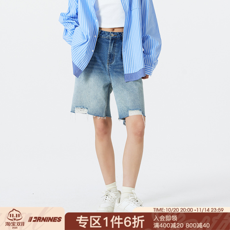 FORNINES水洗渐变毛边牛仔短裤