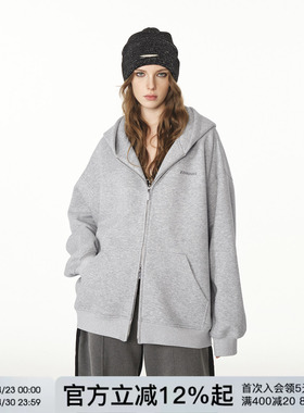 FORNINES重磅刺绣开衫灰色卫衣男女情侣装潮牌春季连帽衫拉链外套