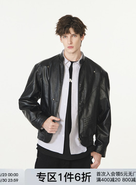 FORNINES短款垫肩pu皮外套男女机车服春季高品质潮牌立领皮衣夹克