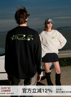 FORNINES梨花刺绣纯棉长袖T恤男女潮牌上衣春秋美式卫衣打底衫