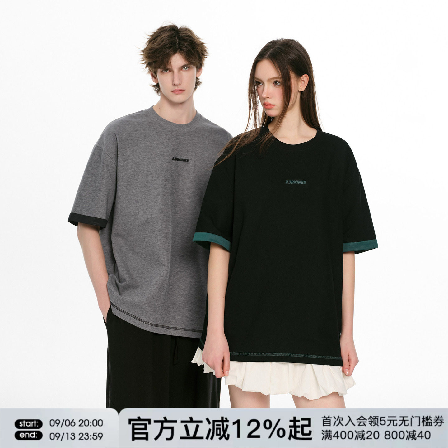 FORNINES刺绣撞色短袖T恤男女情侣宽松重磅上衣2026夏季潮牌半袖图片