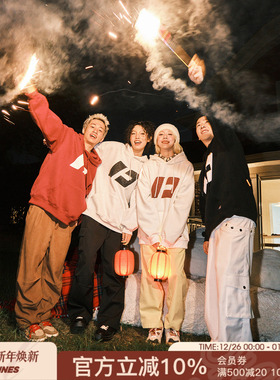 FORNINES国潮重磅红色卫衣男女秋冬情侣加绒连帽衫新年衣服厚外套