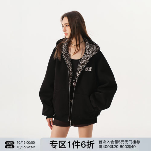 FORNINES豹纹拼接连帽加绒卫衣男女情侣装潮牌春秋刺绣开衫外套女