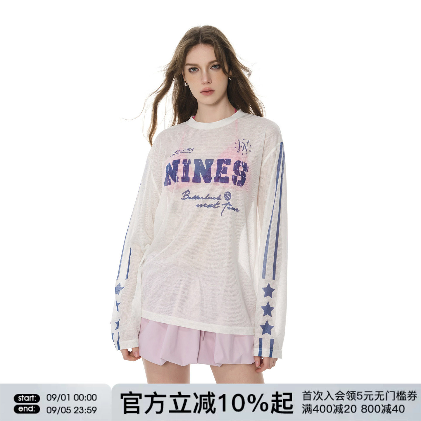 FORNINES轻薄微透防晒罩衫夏季美式印花长袖T恤女宽松空调衫上衣图片