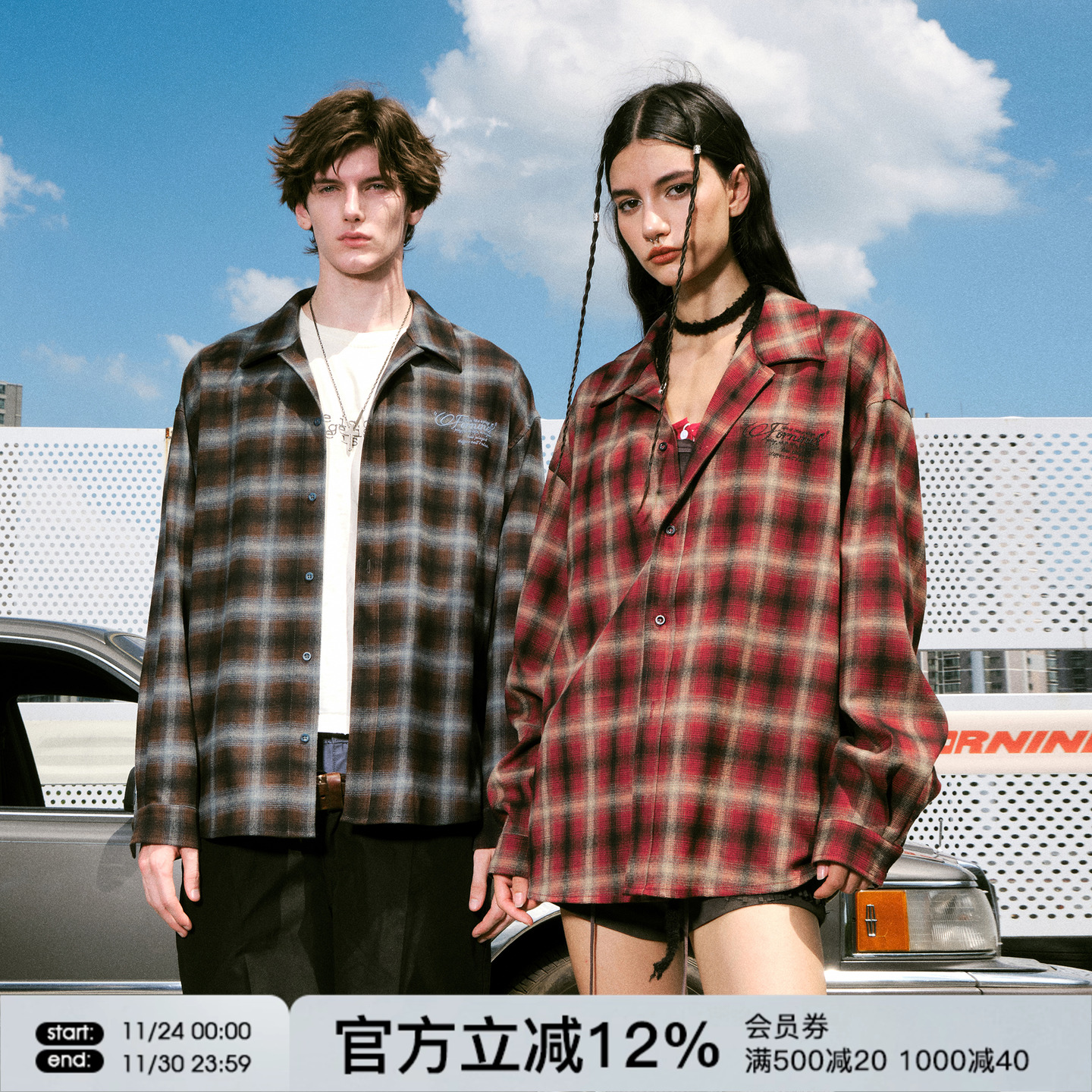 FORNINES刺绣磨毛格子衬衫男女春秋上衣复古休闲情侣长袖衬衣外套