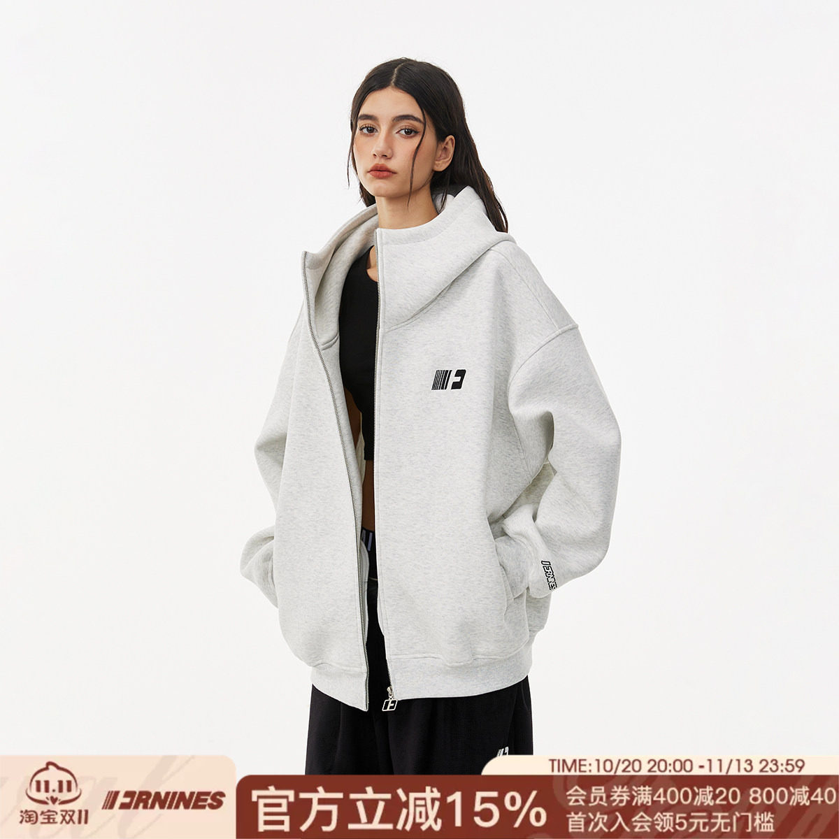 FORNINES刺绣重磅空气层卫衣男女情侣装潮牌高领开衫春秋美式外套