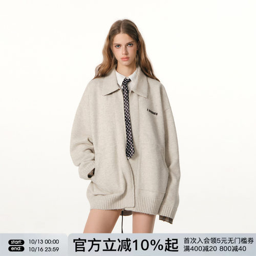 FORNINES假两件拼接翻领开衫毛衣外套男女潮牌情侣上衣秋冬针织衫