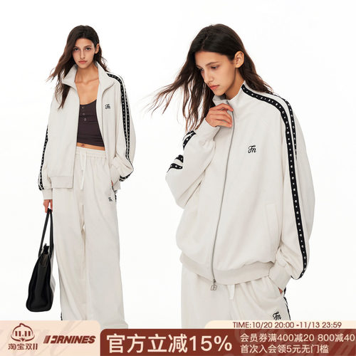 FORNINES双拉链麂皮绒夹克男女情侣套装秋冬款上衣宽松复古外套