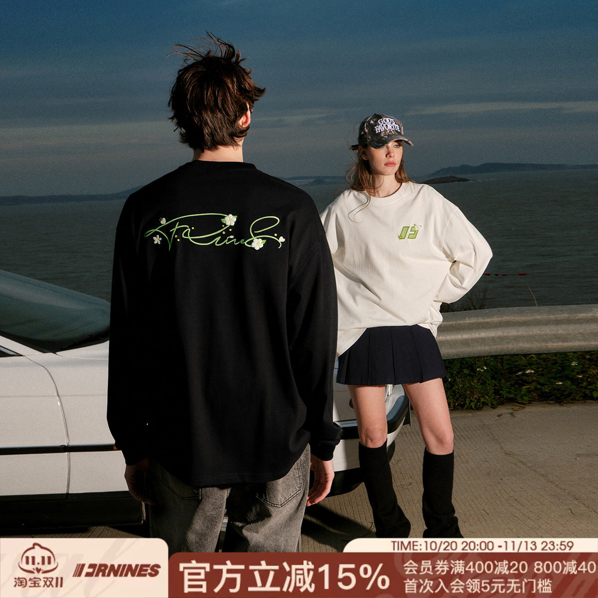 FORNINES梨花刺绣纯棉长袖T恤男女潮牌上衣春秋美式卫衣打底衫