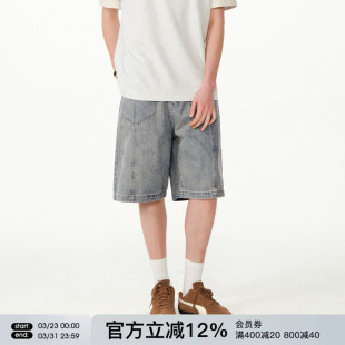 复古宽松休闲中裤 FORNINES水洗做旧牛仔短裤 子潮牌夏季 五分裤 男款